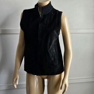 Lauren Ralph Lauren Black Leather & Wool Blend Mock Neck Zip Vest Size M